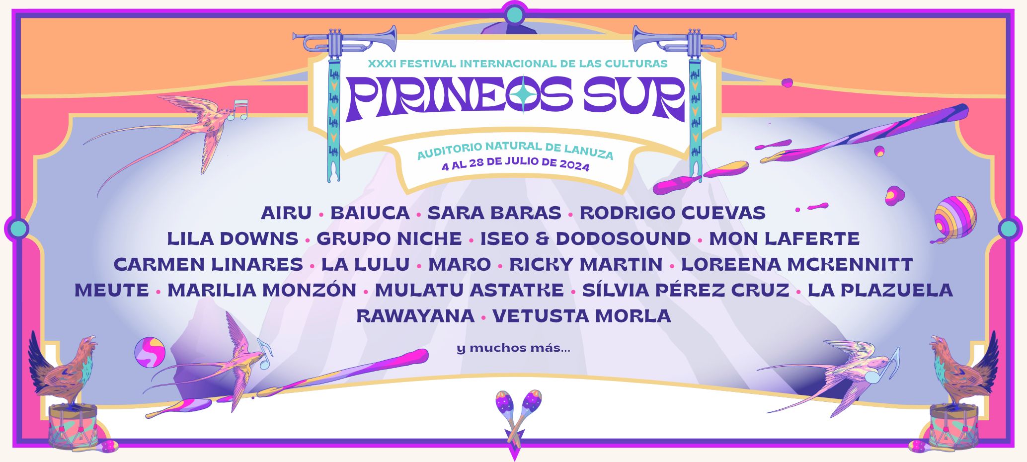 Cartel con las primeras confirmaciones del festival Pirineos Sur. 