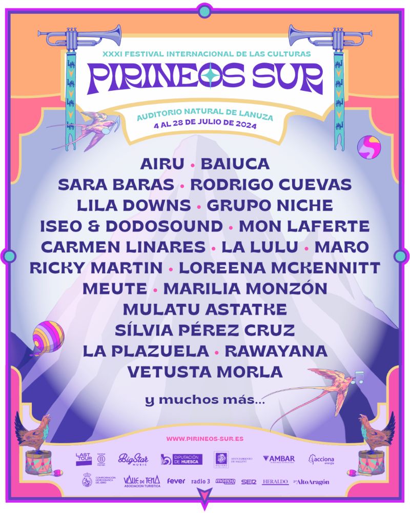 Cartel con la primeras confirmaciones de la edición 2024 del festival Pirineos Sur. 