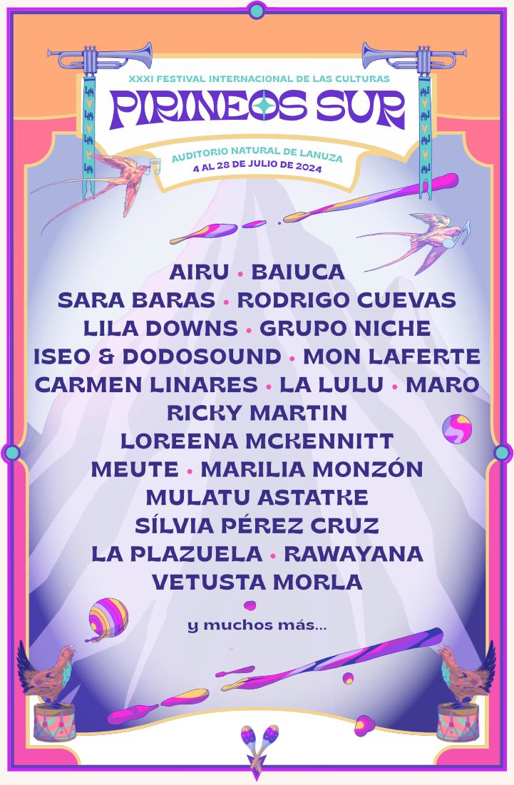 Cartel con las primeras confirmaciones del festival Pirineos Sur. 